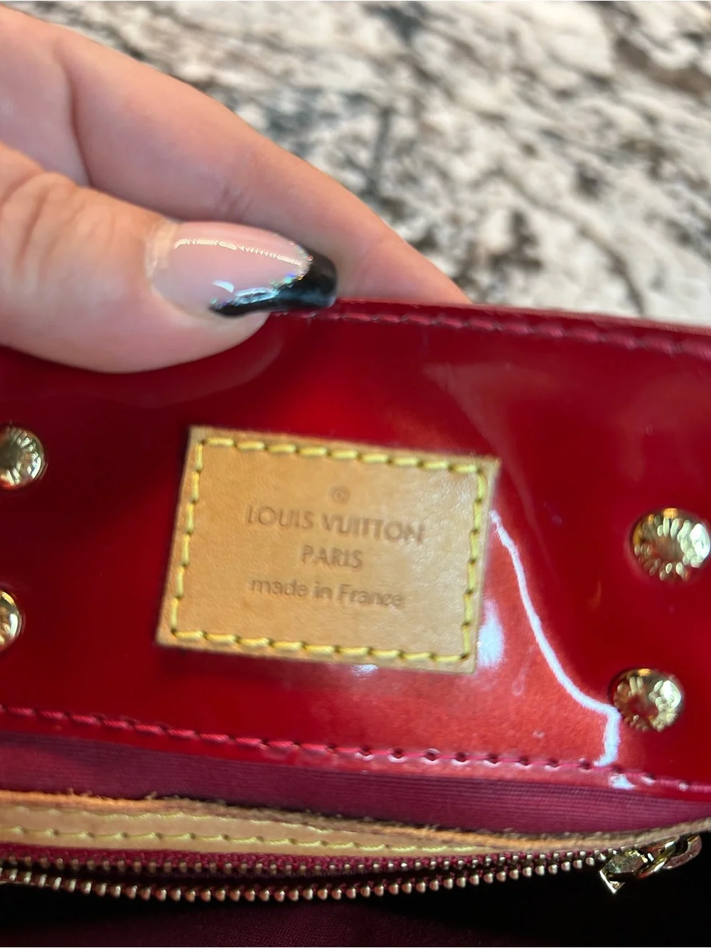 Louis Vuitton Rouge Red Monogram Vernis Reade PM Tote with Tan Handles